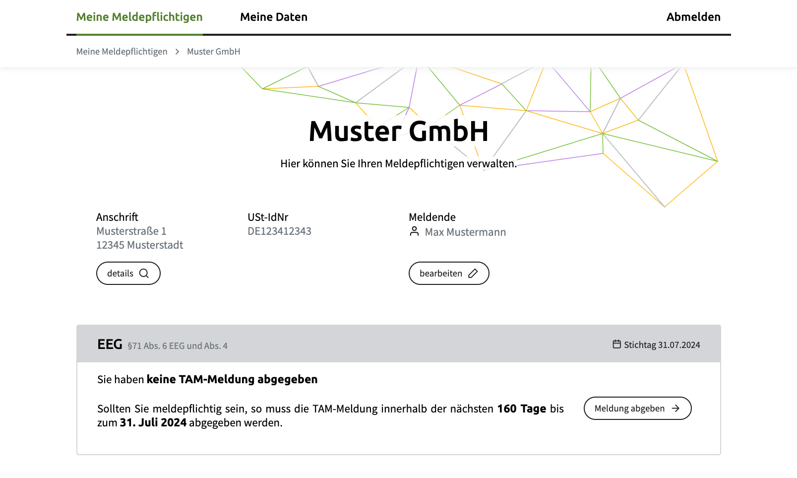 Screenshot vom Meldepflichtigen Dashboard