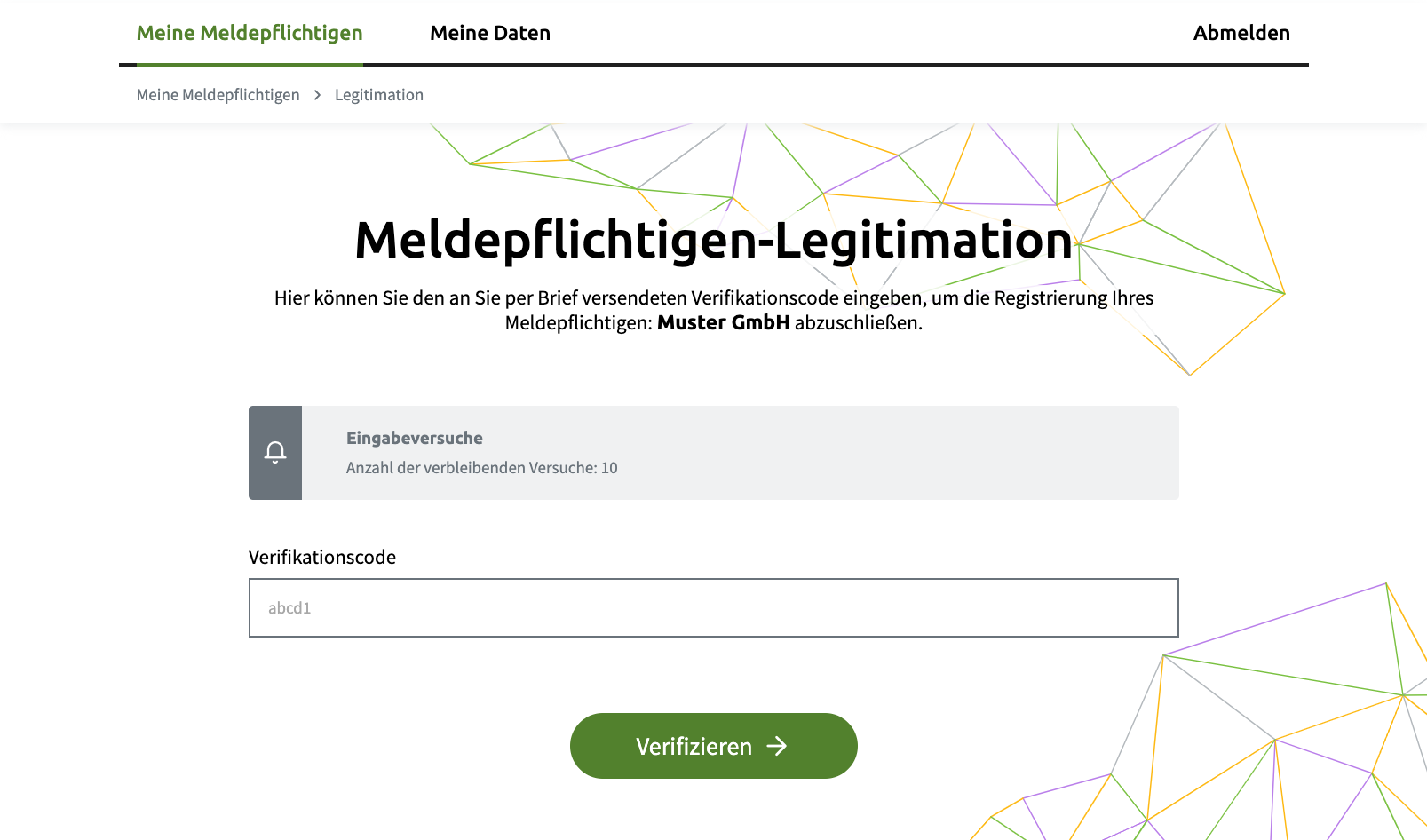 Screenshot der Meldepflichtigen Legitimation